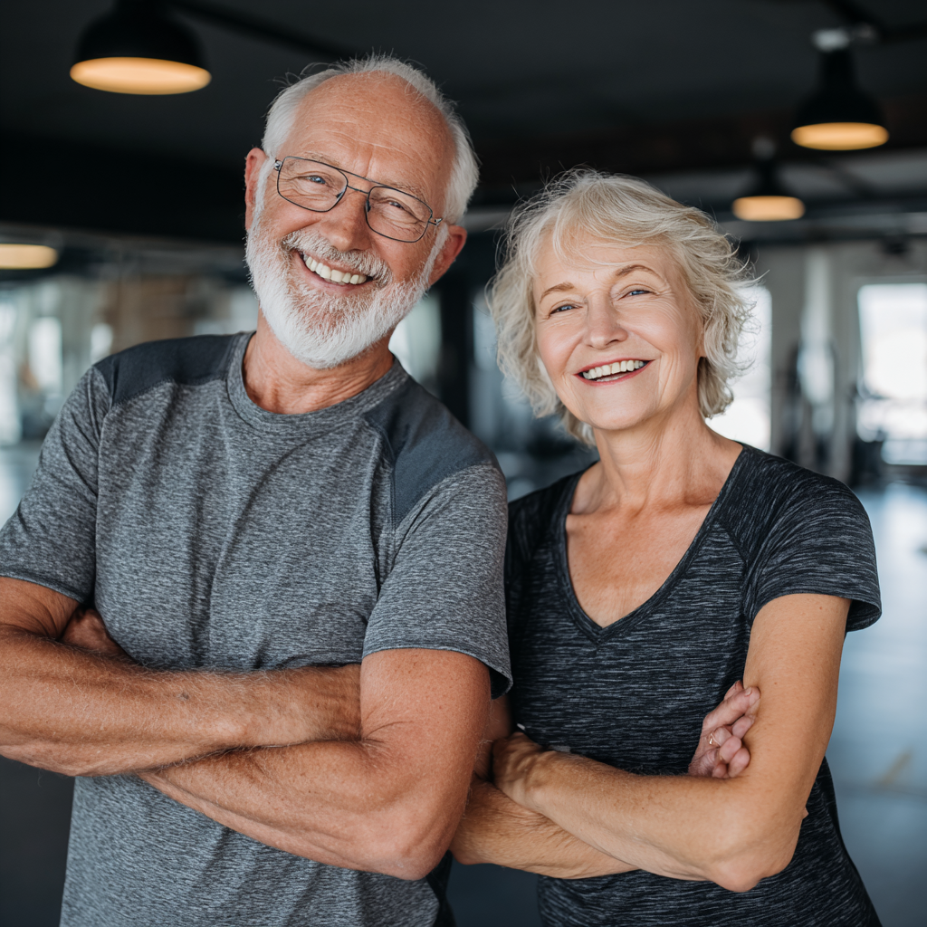 Elderly European woman with a warm smile doing gentle strength training with light weights in a well-lit gym, demonstrating proper form and confidence